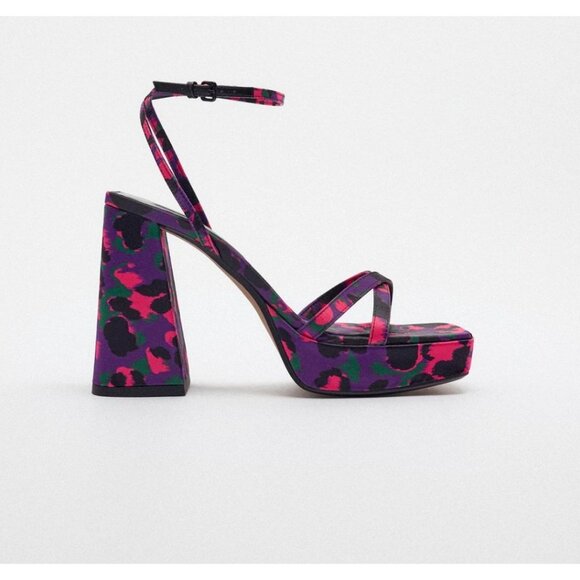 NWT Zara  COlourful Pink Purple Chuinky Block Heels Strappy Heels 8 - Picture 2 of 8